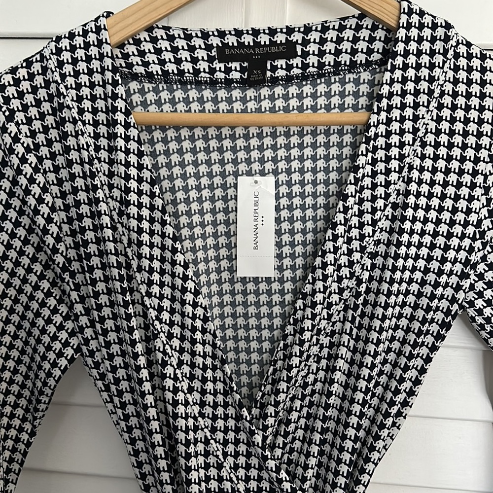 NWT: classic wrap dress with tiny white elephant print on royal navy blue